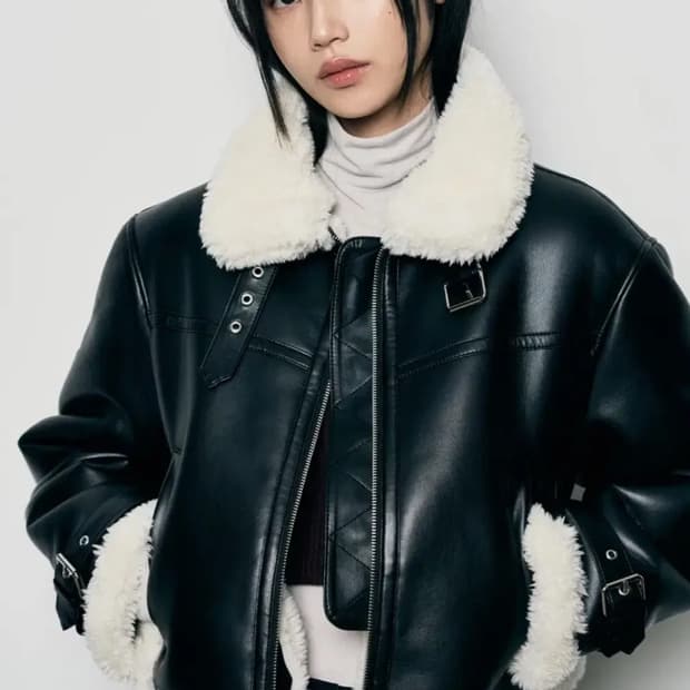 레더리 오블리크 오버핏 레더 무스탕 자켓 [BLACK]