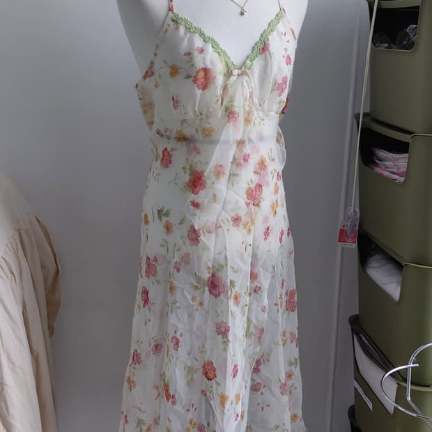 [빈티지] 플라워 패턴 쉬폰 끈나시 원피스 앙드레김