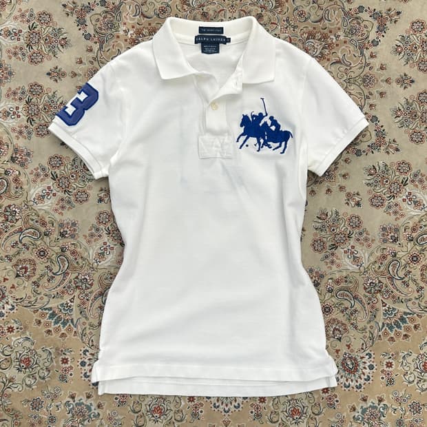 랄프로렌 화이트/블루 슬림핏 더블 빅포니 카라티 