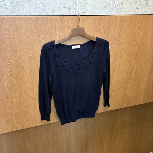 빈티지 가디건 긴팔 레이스 자수 카라 버튼 디테일 네이비 k371