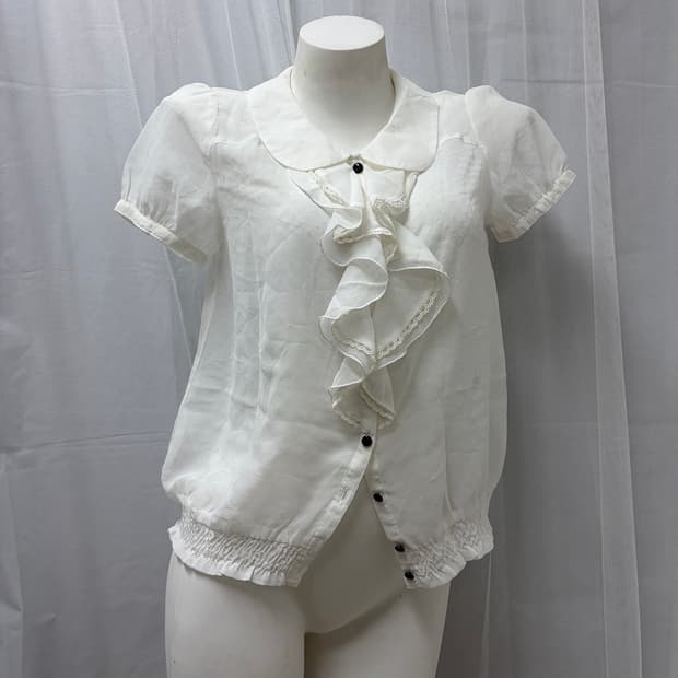 [L.R]Sheer Front Ruffle Polka Dot Blouse
