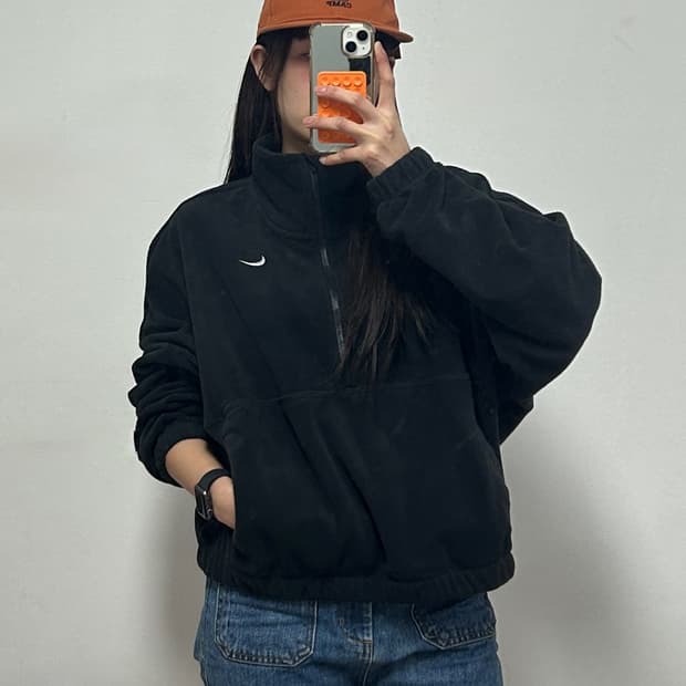 나이키 우먼스 스우시로고 오버사이즈 하프집 플리스 탑