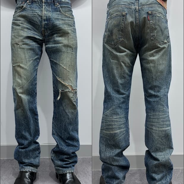 리바이스 501 크랙 워시드 디스트레스드 데님