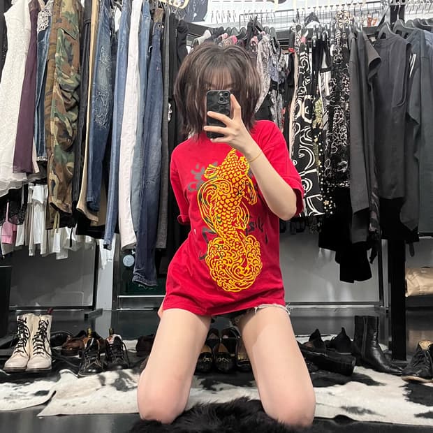 오리엔탈 프린팅 레드 반팔