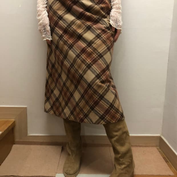 빈티지 브라운 울 체크 스커트