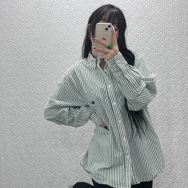 커버낫 빈티지 피스타치오 그린 스트라이프 셔츠 M C08667