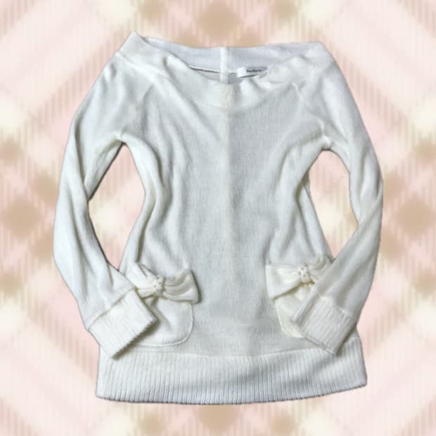 화이트 리본 진주 오프숄더 니트 라떼 히메 갸루 러블리 로걀 리즈리사