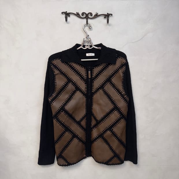 Brown eco leather patch knit zipup