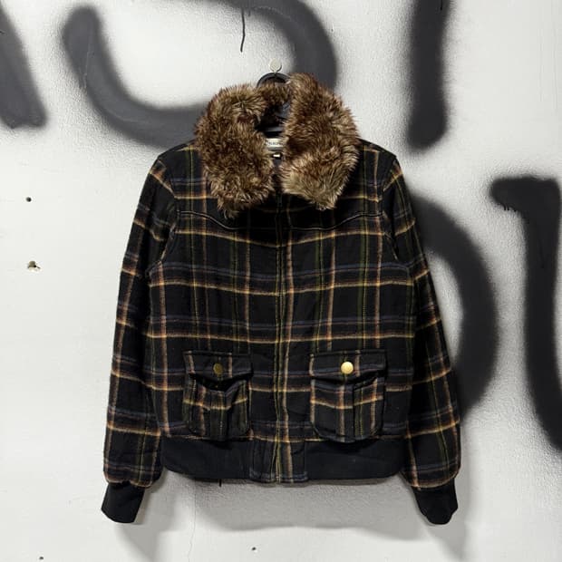 VTG 빈티지 넥 카라 퍼 디테일 체크 패턴 크롭 숏자켓