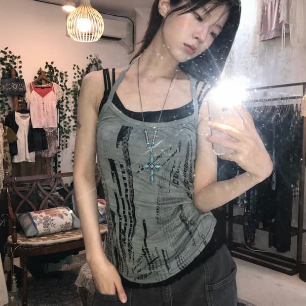(상의 세트) 디젤 민트 그래픽 홀터넥 나시 + 블랙 끈 나시