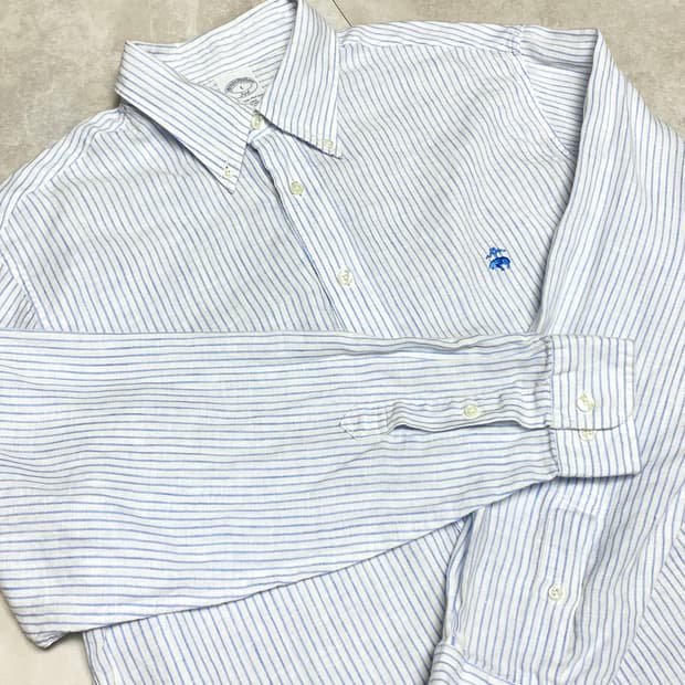 브룩스 브라더스 린넨 스트라이프 옥스포드 셔츠 스카이 블루 슬림핏 L