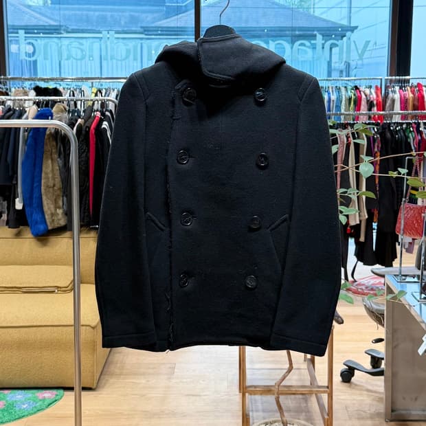 주카 블랙 더블 브레스티드 울 후드 코트