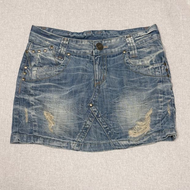 오네갸루 핀터깔 징 포인트 데님 로우라이즈 미니 스커트