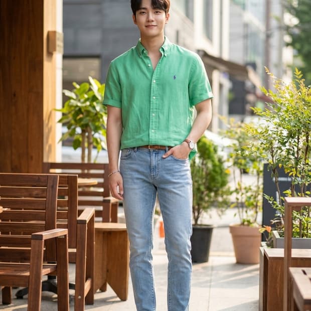 폴로 랄프로렌 리넨 실크 혼방 반팔 셔츠 그린