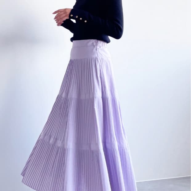 일본 라일락 플리츠 롱스커트
