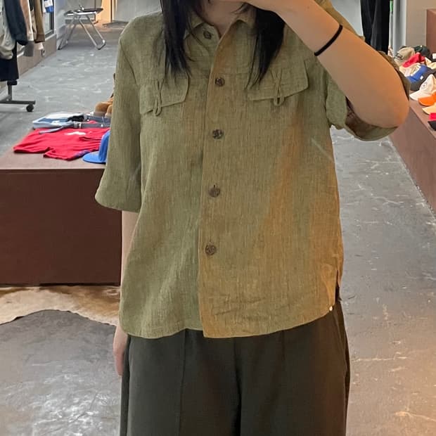 빈티지 Ansel 올리브 린넨 반팔 H2617