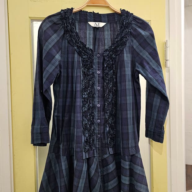 Japan 그린 체크 프릴 셔츠블라우스