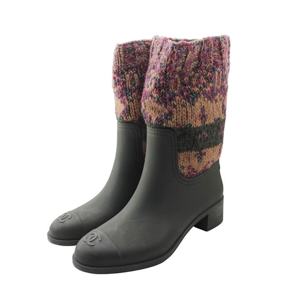 샤넬 니트 트림 올리브그린 레인부츠 37