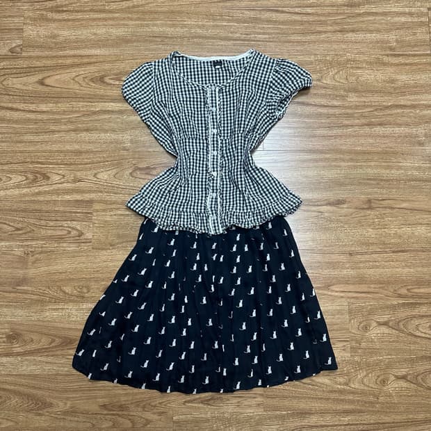 빈티지 체크 고양이 블라우스 치마 세트 히메갸루 로걀 라떼 오네갸루 로걀