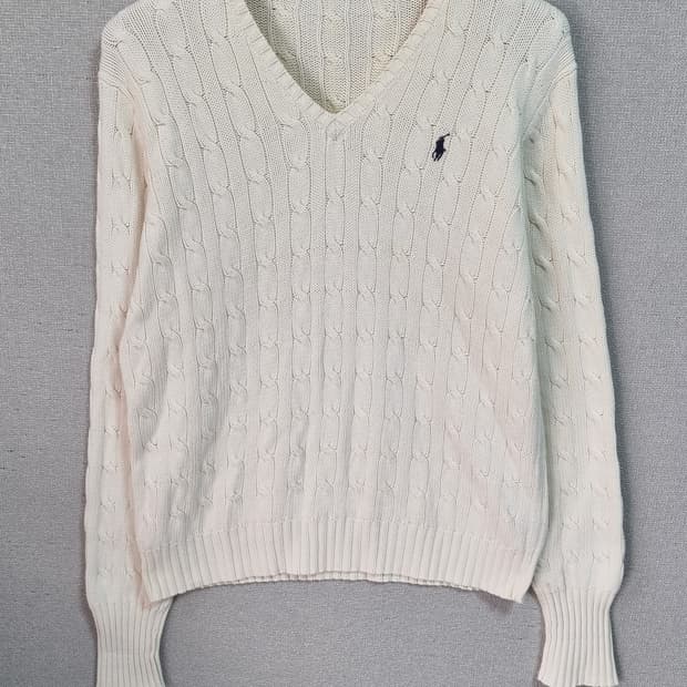 M (66) 폴로 화이트 꽈배기 브이넥 니트