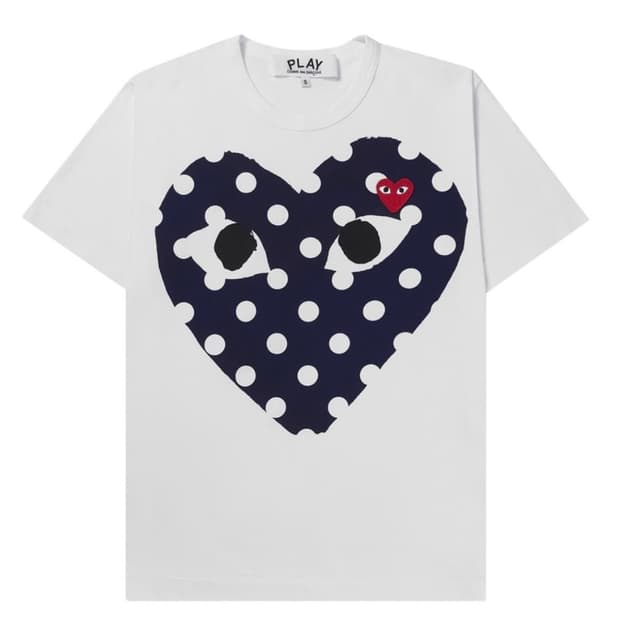 꼼데가르송 레드 하트 프린트 블루하트 티셔츠