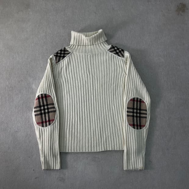 W 95 버버리 노바체크 엘보우 패치 터틀넥 울 니트