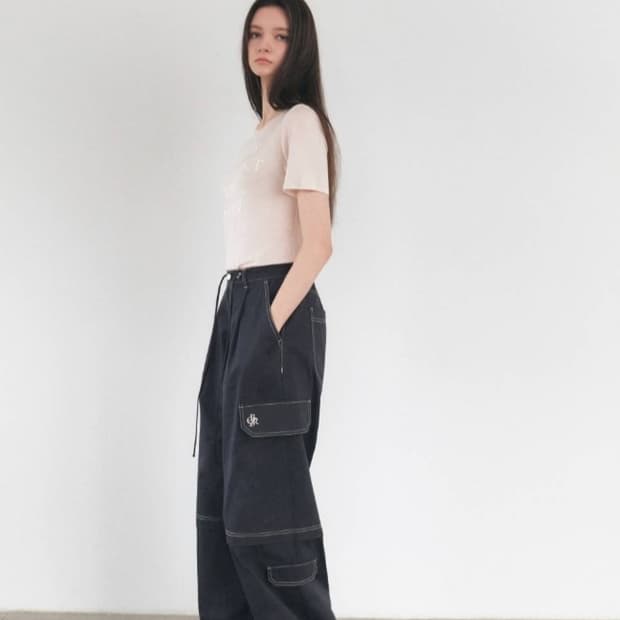 (공홈품절)시티브리즈 스티치 카고 배색 팬츠 핑크차콜