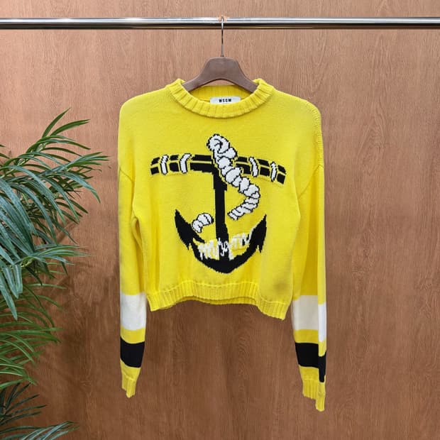 MSGM 코튼 니트 앵커 자카드 패턴 컬러 블록 디테일 옐로우 블랙
