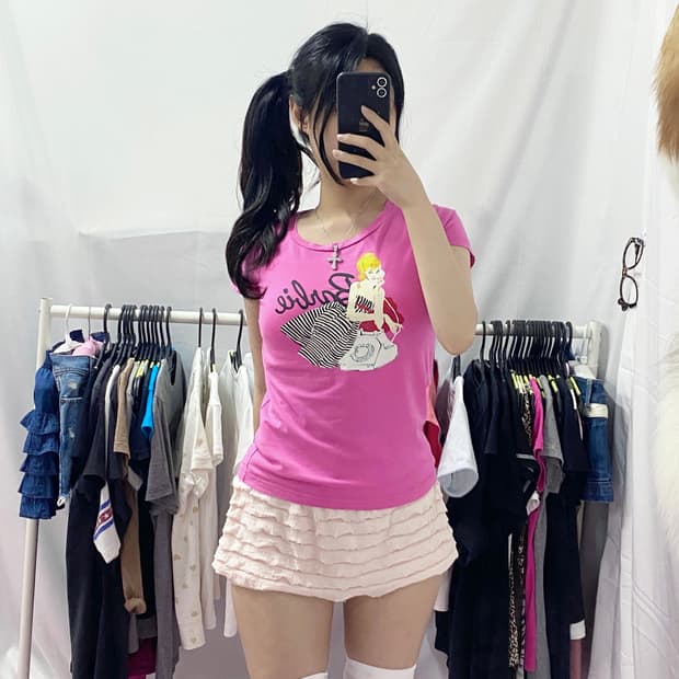 [BARBIE] 바비 갸루 핀업걸 핫핑크 반팔