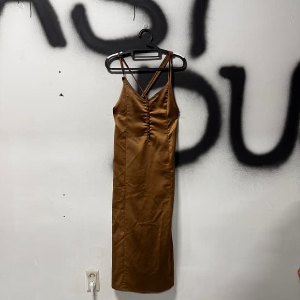 VTG 빈티지 페미닌 골드브라운 새틴 슬립 맥시 롱 원피스