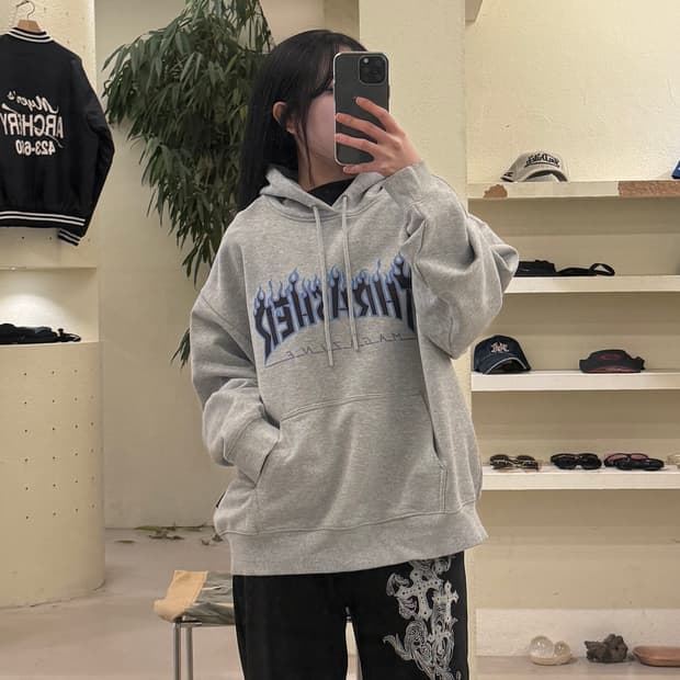 트래셔 플레임 로고 후드 그레이 U224