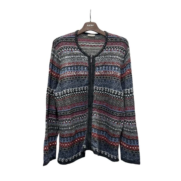 USA VINTAGE 니트 집업 가디건 노르딕 패턴 배색 디테일 블루