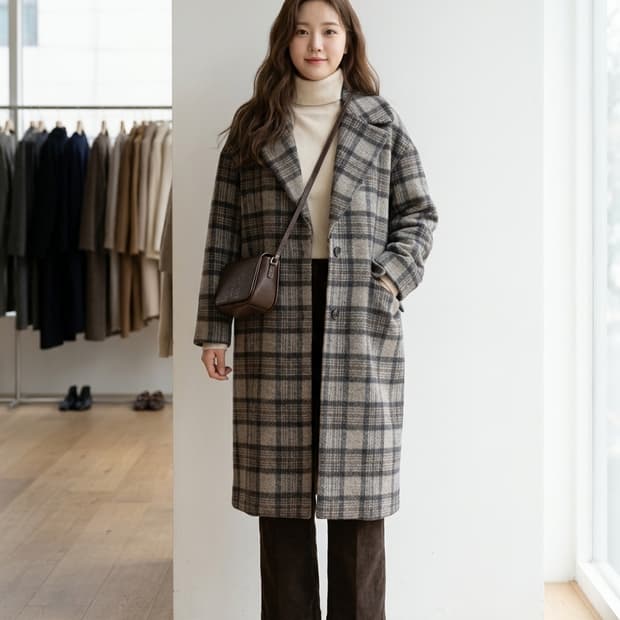 LEBEIGE 르베이지 울 블렌드 체크 롱 코트