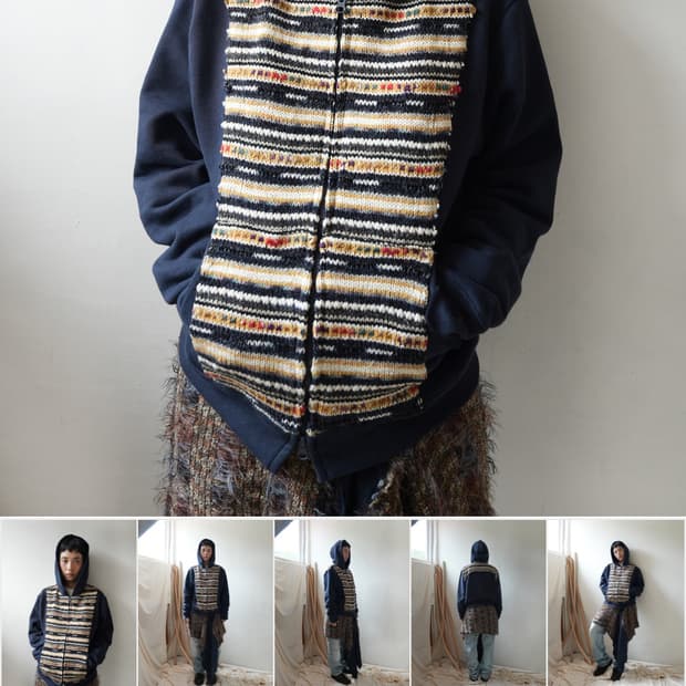 0tape FABRIC BLOCK HOODED ZIP-UP NAVY 