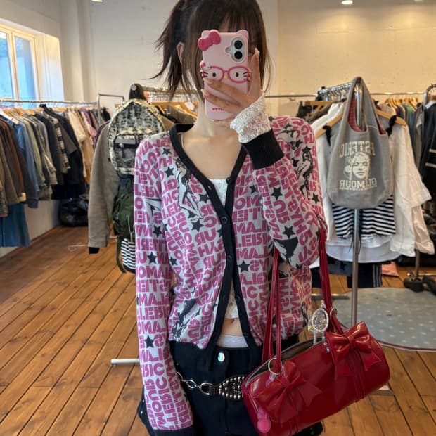 히스테릭글래머 핑크 스타 가디건