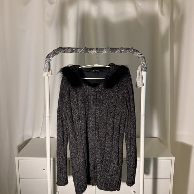 fur hood long knit zip up