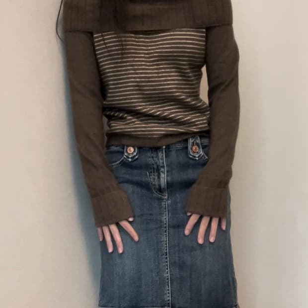 brown stripe off shoulder two way knit