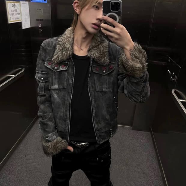 워싱 퍼 트리밍 빈티지 크롭 자켓