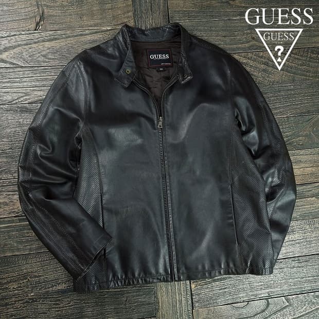 [게스] 리얼 카우 레더 소가죽 싱글 집업 레더 자켓 블랙 M19168