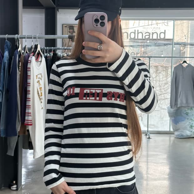 히스테릭글래머 90s Hys레터링 스트라이프 롱슬리브긴팔티