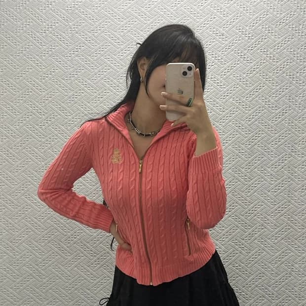 로렌 랄프로렌 코랄 핑크 꽈배기 케이블 가디건 S C06484
