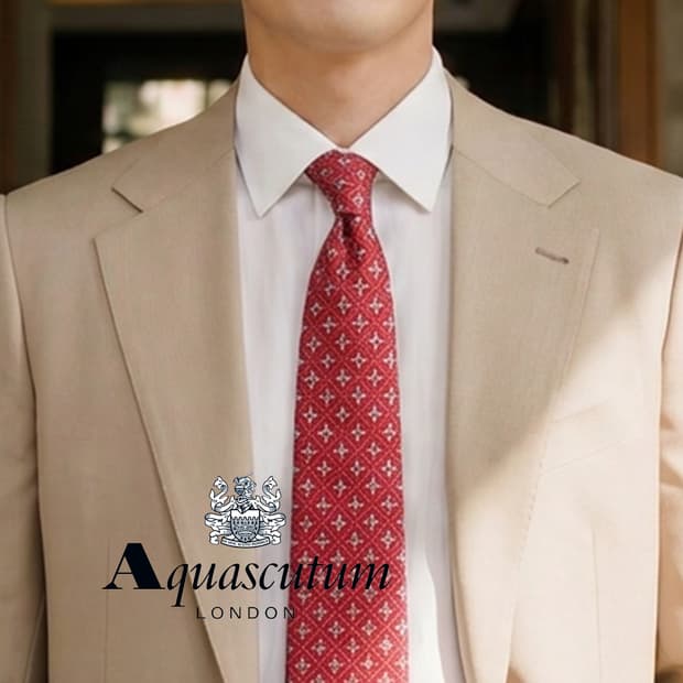 아쿠아스큐텀 실크 레드 패턴 넥타이 9.5cm S~A+등급 E901