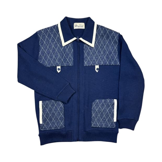 M) 빈티지 JPN 네이비 아가일 패턴 니트 집업 가디건 TK-026