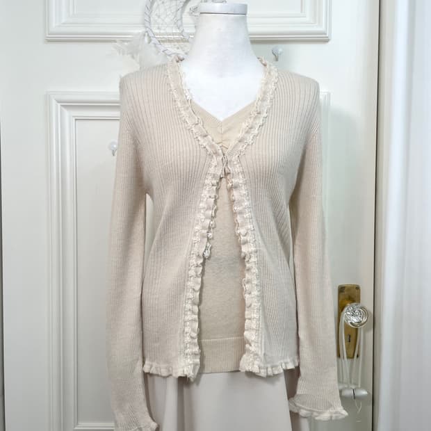 ivory lace bow point rib cardigan