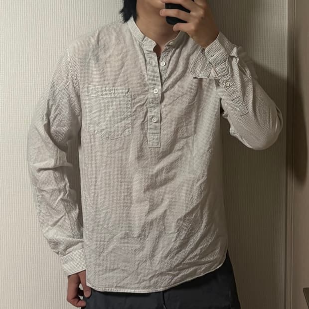 정품 커스텀멜로우 시어서커 헨리넥 베이지 체크 셔츠