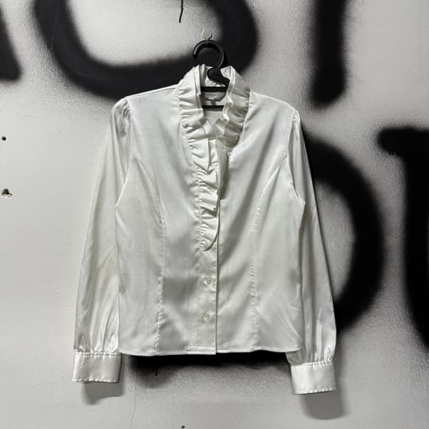 VTG 빈티지 긱시크 화이트 스트라이프 프릴 새틴 셔츠