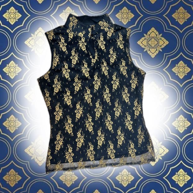 블랙 골드 꽃무늬 차이나넥 민소매 블라우스 나시 갸루 모리걸 공겜 로걀