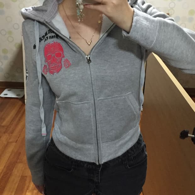해골 자수 펑크 그레이 후드집업