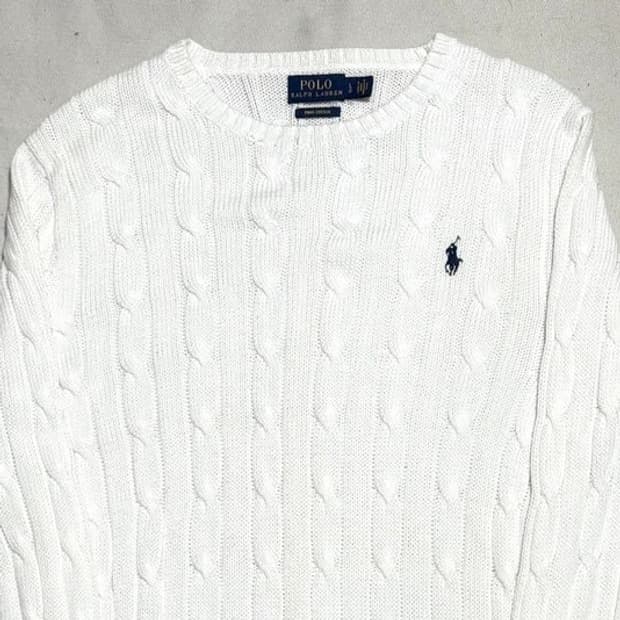 L 폴로랄프로렌 피마코튼 화이트 케이블 니트