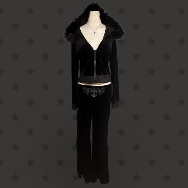펑크 갸루 블랙 큐빅 디테일 벨벳 퍼 트레이닝 세트 